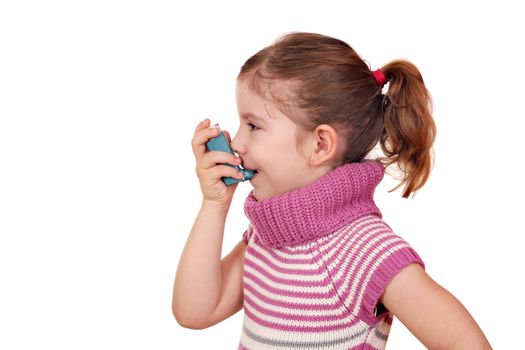 little girl with inhaler on white