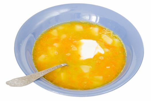Plate with soup on a white background