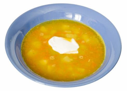 Plate with soup on a white background