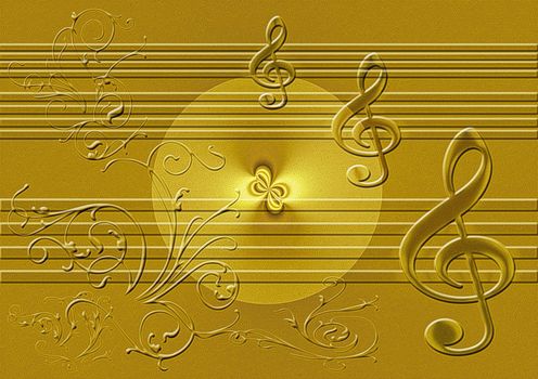 great creative abstract color rich textured image of music disc, and violin keys to stave
