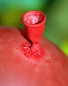 A macro of a red balloon with a green background.