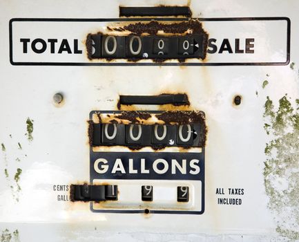 Close up of rusty gauge on old gas dispenser.