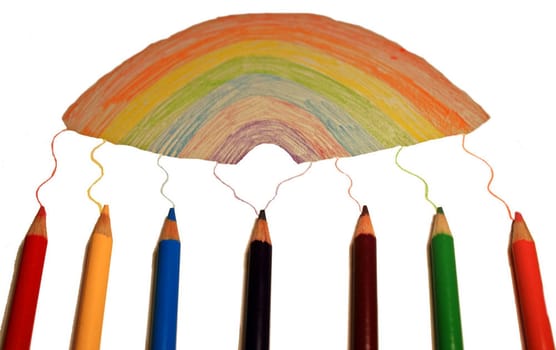 7 Crayons drawing a Rainbow over white.