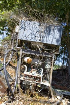 Old broken gasoline pump covered with weeds.