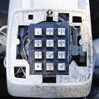 Closeup of old dirty telephone.