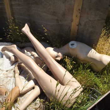 Leg and torso of old mannequin in junkyard.