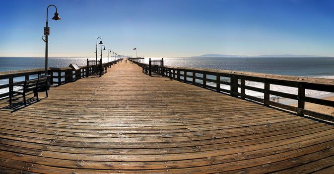 The Ventura Pier with Santa Cruz Island in the background.