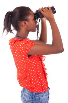 African American using binoculars isolated over white background