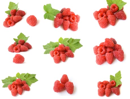 ripe red raspberries isolated on white background