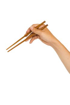 isolated man hand holding wooden chopstick, with clipping path in jpg.