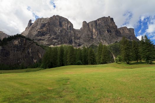 summer view of Sella mountain from Colfosco, Italian Dolomites