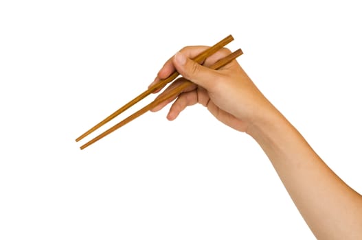 isolated man hand holding wooden chopstick, with clipping path in jpg.