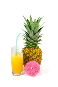 Pineapple with cocktail and pink umbrella