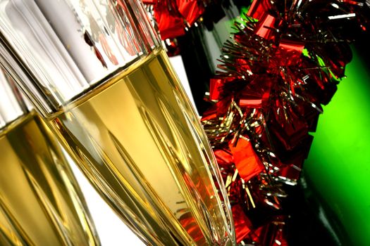 holiday card golden champagne and gift