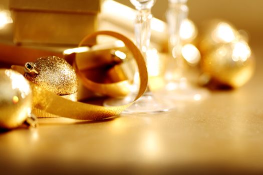 golden christmas background champagne gifts ball