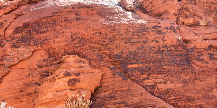 Petroglyphs on a rock wall at Valley of Fire State Park in Nevada.