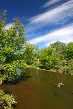 Beautiful blue skies on a spring day along the Kishwaukee River of Illinois.