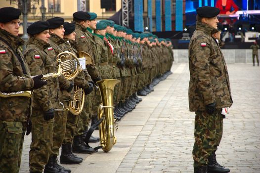 WROCLAW, POLAND - DECEMBER 2: Polish army, engineering training center for troops receives new army banner. Units gathering on December 2, 2011.