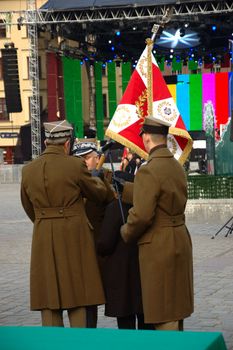 WROCLAW, POLAND - DECEMBER 2: Polish army, engineering training center for troops receives new army banner. Representatives offer new banner on December 2, 2011.