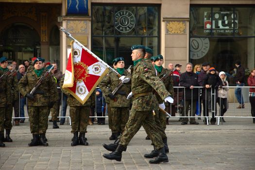 WROCLAW, POLAND - DECEMBER 2: Polish army, engineering training center for troops receives new army banner. Official parade - soldiers present new banner on December 2, 2011.