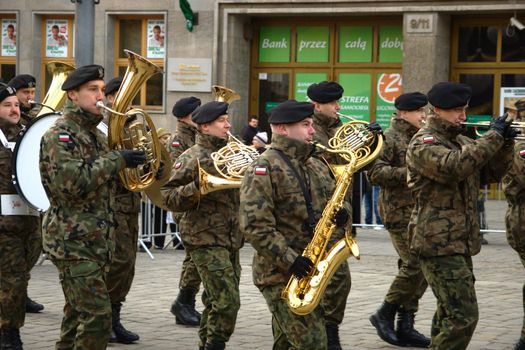 WROCLAW, POLAND - DECEMBER 2: Polish army, engineering training center for troops receives new army banner. Army orchestra joins the parade on December 2, 2011.