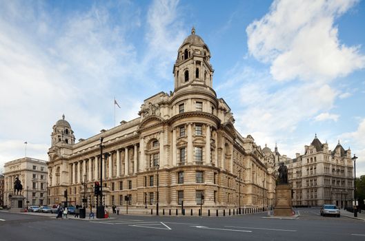 Old War Office Building, seen from Whitehall - the former location of the War Office, London, UK. Cityscape shot with tilt-shift lens maintaining verticals