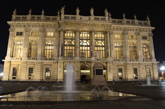 Classical building Palazzo Madama in Torino at night