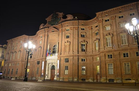 Facade of Palazzo Carignano in Turin, Italy, at night