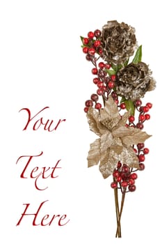 Sparkly Pewter Flowers Shiny Red Berries and Gold Leaves with Copy Space