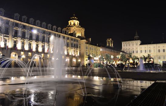 Piazza Castello and Royal Palace in Turin, Italy, at night