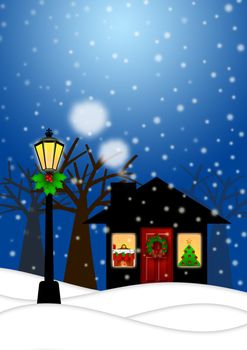 House and Lamp Post with Christmas Decoration in Snowing Winter Scene Landscape Illustration