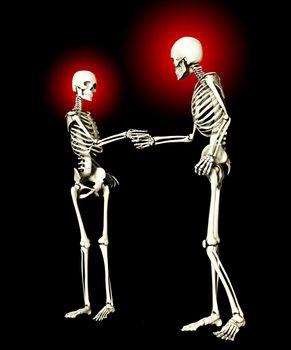 Pair of skeletons shaking hands when meeting each other.
