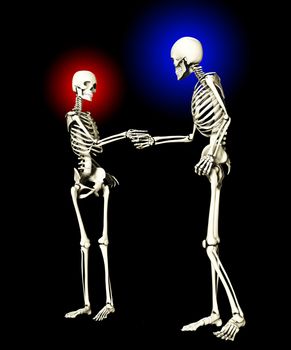 Pair of skeletons shaking hands when meeting each other.
