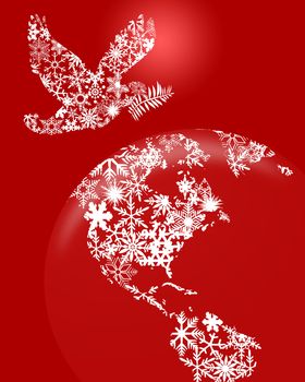 Christmas Peace Dove and Earth Globe Clipart Illustration on Red Background