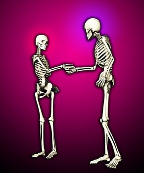 Pair of skeletons shaking hands when meeting each other.
