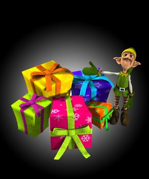 Elf with a lot of Christmas presents.