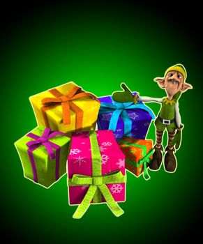 Elf with a lot of Christmas presents.