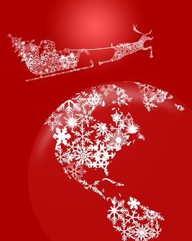 Christmas in Sleigh with Reindeer over Earth Globe Clipart Illustration on Red Background