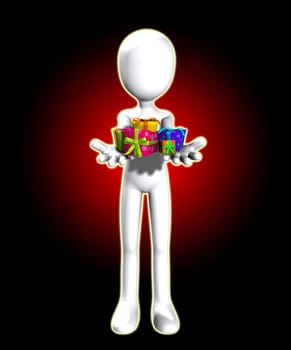 Blank faced figure holding up some Christmas or birthday presents.