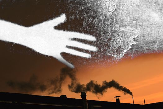 smoking chimney with a  warm orange sun
