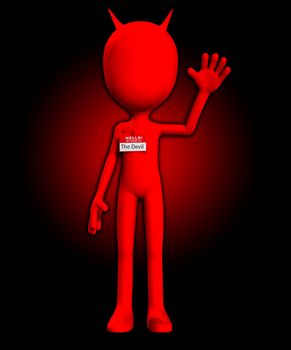 Funny photo showing the Devil with a Hello my name is badge.