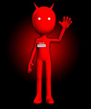 Funny photo showing the Devil with a Hello my name is badge.
