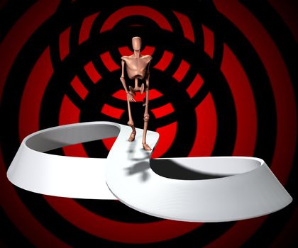 
Conceptual image showing a figure who will forever be walking on a infinite Mobius strip.
