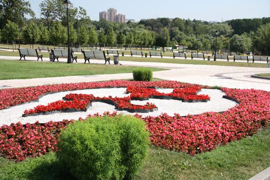 City park with flower landscaping in summertime, Tsaritsino, Moscow, Russia