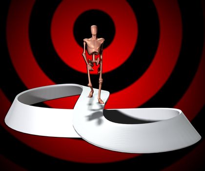 
Conceptual image showing a figure who will forever be walking on a infinite Mobius strip.