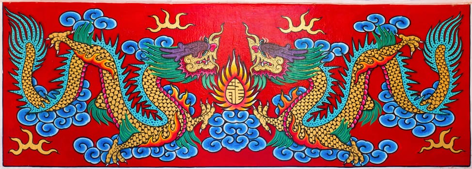 Art Chinese style painting two dragon on wall in temple.Thailand.Generality in Thailand, any kind of art decorated in Buddhist church etc. created with money donated by people, no restrict in copy or use.