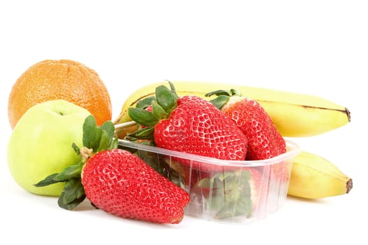 fresh diet fruit, apple, orange, banana and strawberry on white