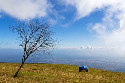 Tent on a grass under white clouds and blue sky