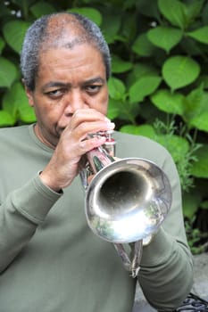 African american male jazz musician with his flugelhorn.