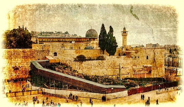 Western Wall,Temple Mount, Jerusalem, Israel. Photo in old color image style